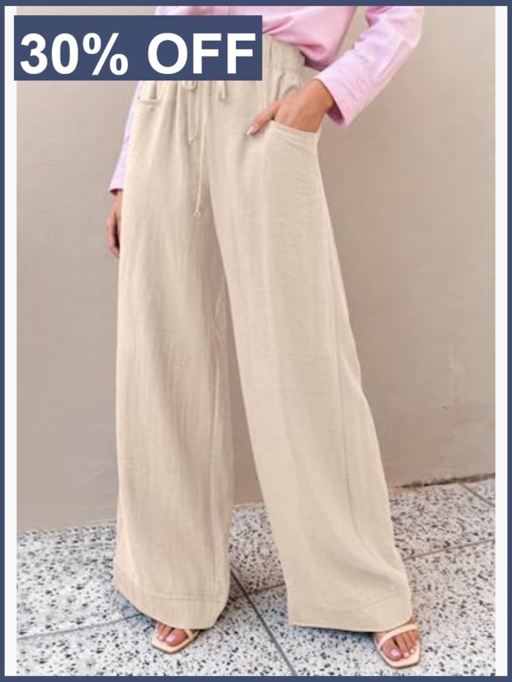 High Waist Wide Leg Flow Palazzo Pants Drawstring Pockets Lounge Beach - Picture 4 of 7